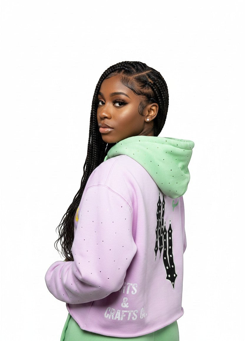 NUMMI VESTES lavender and mint green color-blocked cropped hoodie with graphic print and subtle shimmer details.