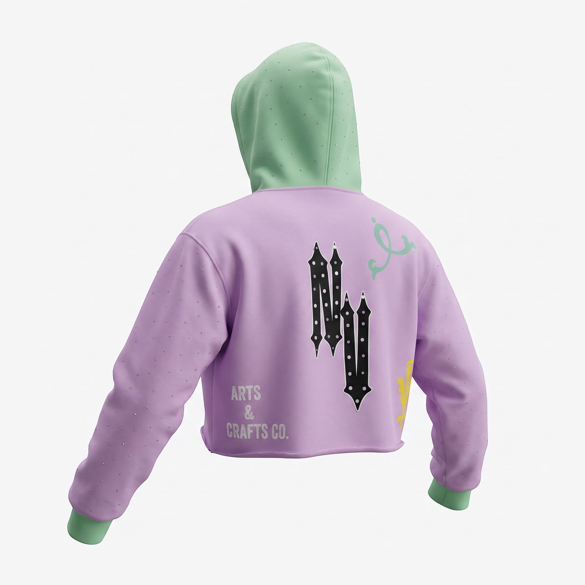 NUMMI VESTES lavender and mint green color-blocked cropped hoodie with graphic prints and shimmering embellishments