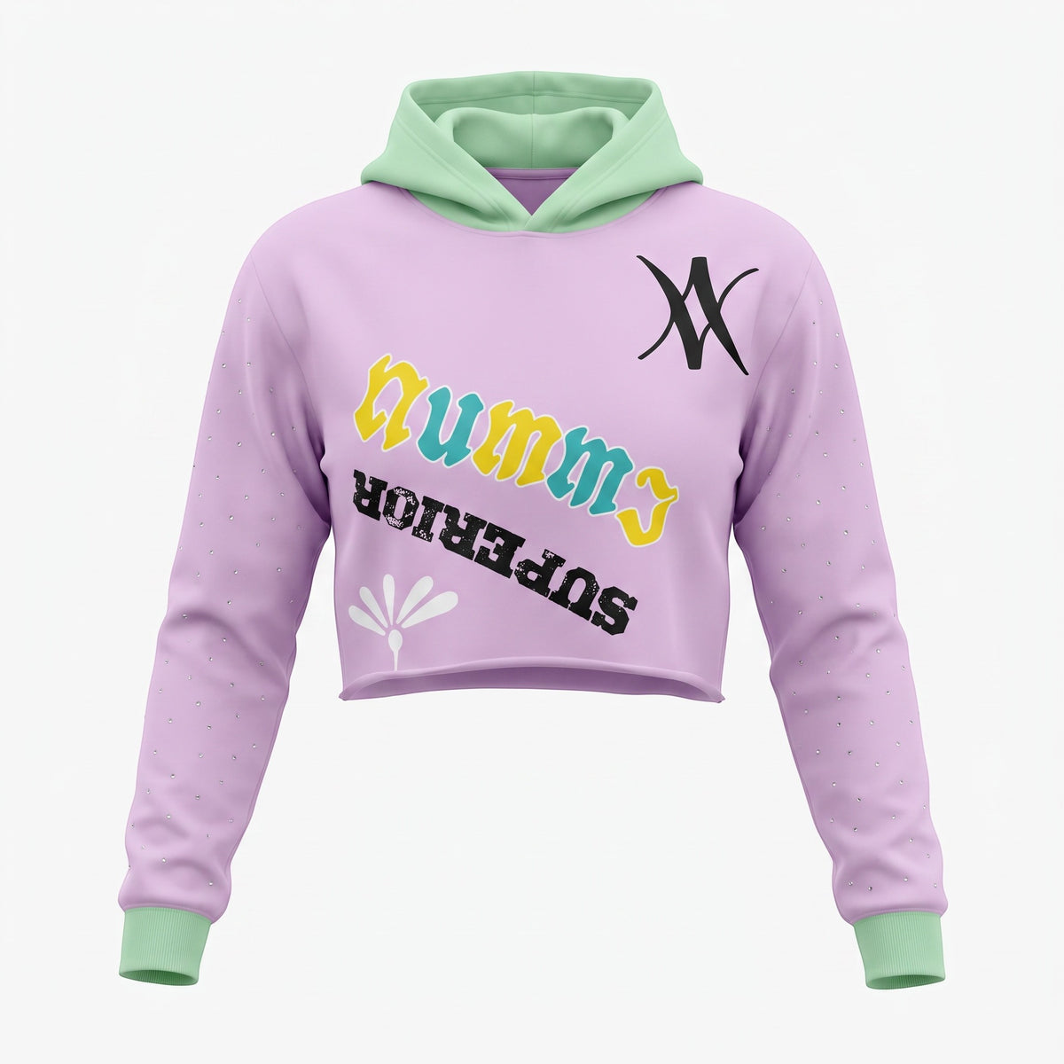 NUMMI VESTES lavender and mint green color-blocked cropped hoodie with graphic prints and subtle rhinestone details.