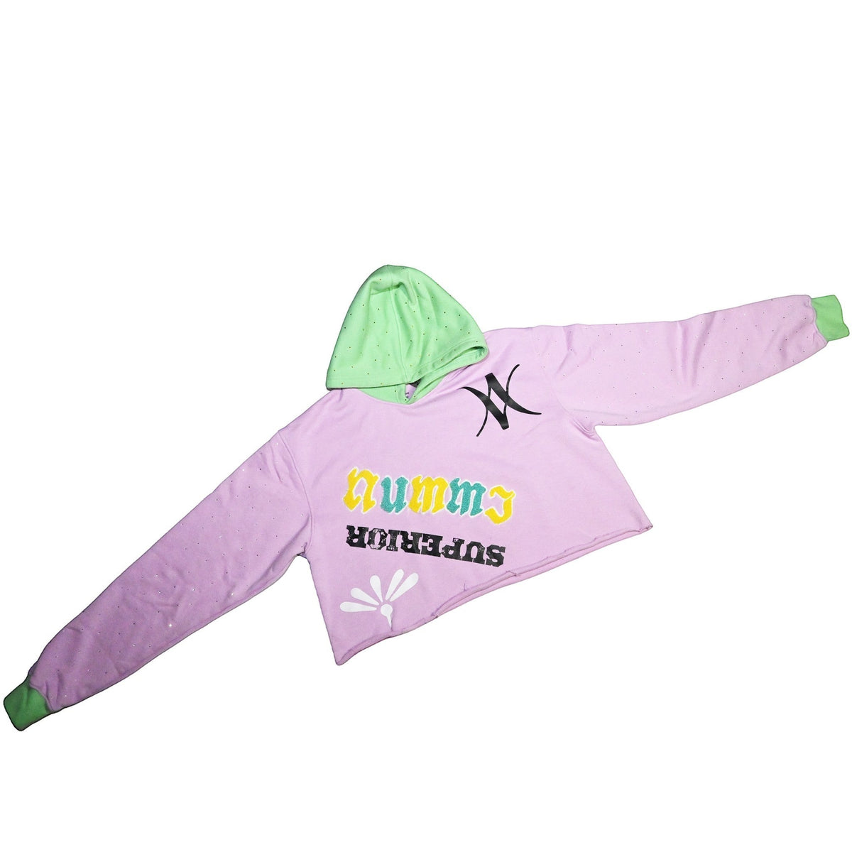 NUMMI VESTES lavender and mint green color-blocked cropped hoodie with graphic prints and shimmering embellishments.