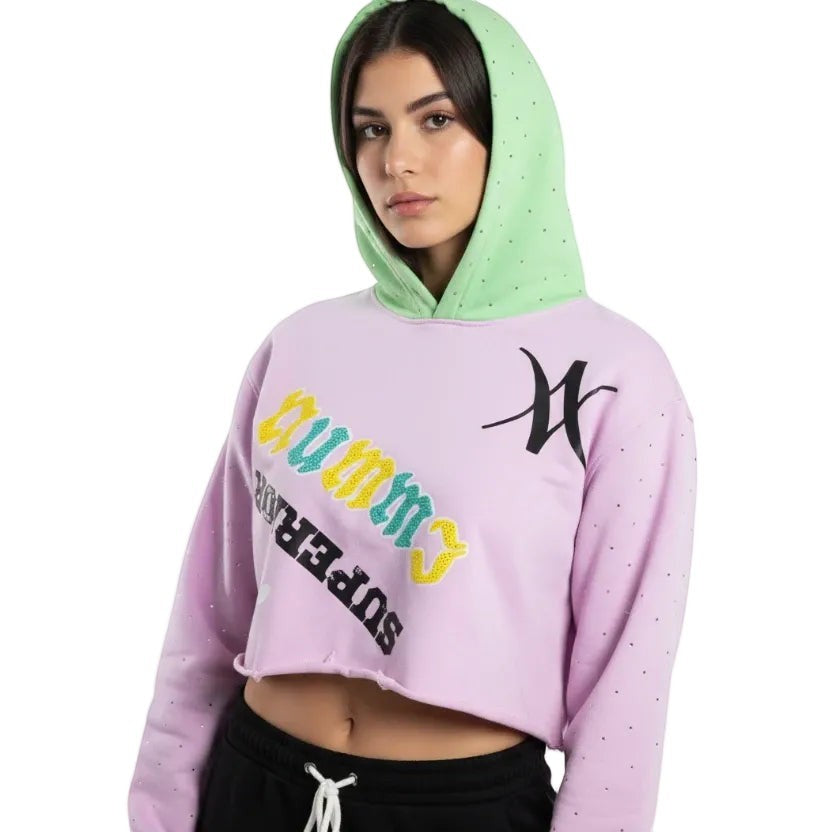 NUMMI VESTES lavender and mint green color-blocked cropped hoodie with graphic prints and subtle rhinestone details.