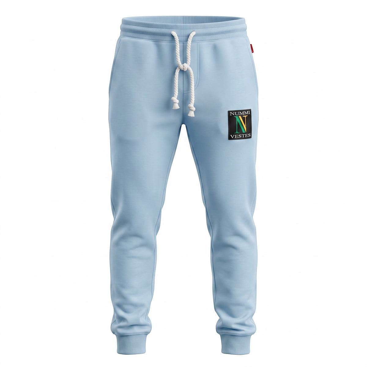 NUMMI VESTES light blue premium cotton jogger pants with white rope drawstrings and branded patch detail