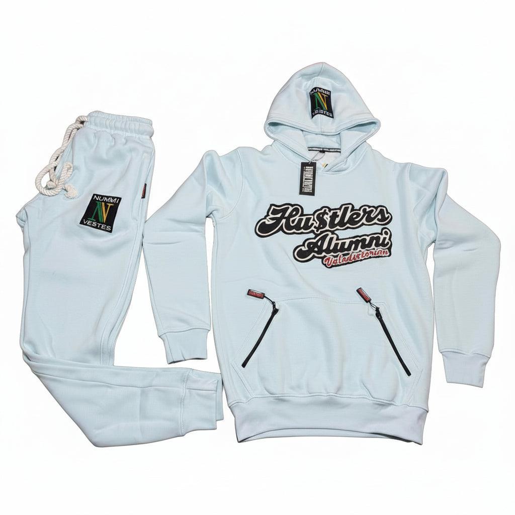 NUMMI VESTES light blue cotton hooded sweatsuit with Hustlers Alumni graphic, zippered pockets, and rope drawstrings.