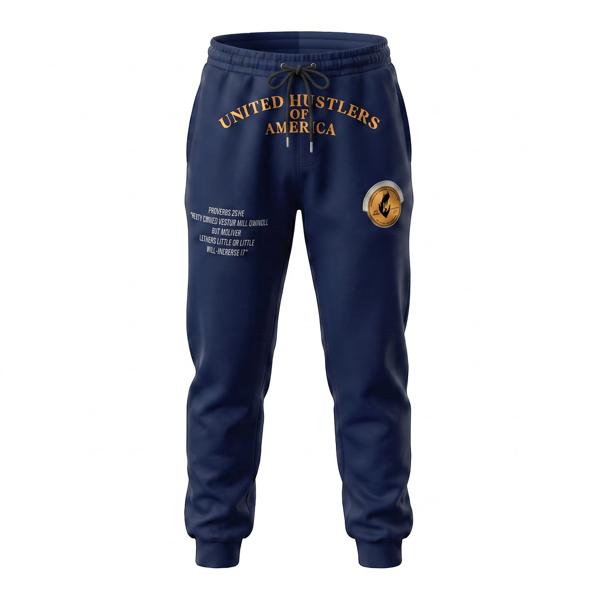 NUMMI VESTES navy blue joggers with United Hustlers of America text, Proverbs 25:26 quote, and circular logo patch.
