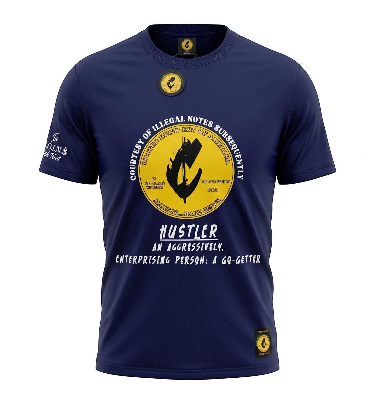 NUMMI VESTES navy blue short sleeve crew neck t-shirt with a yellow and black graphic print on the front