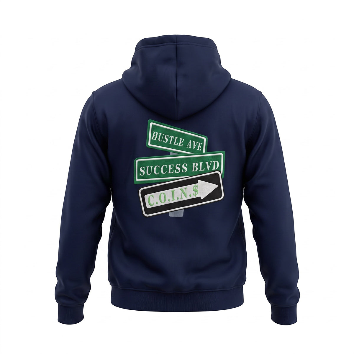 NUMMI VESTES navy blue zippered hooded sweatshirt with Hustle Ave and Success Blvd street sign graphic on the back