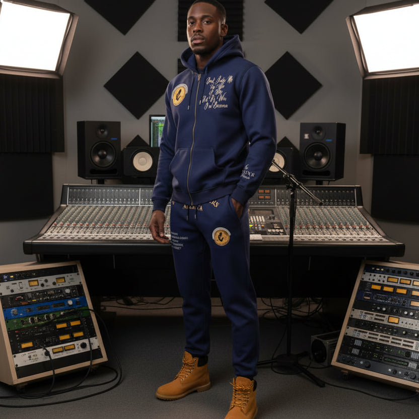 NUMMI VESTES navy blue zippered hooded sweatsuit with gold graphic prints and street sign back design