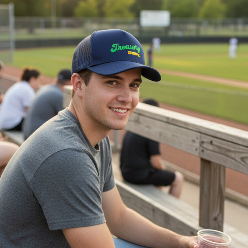 NUMMI VESTES navy blue trucker hat with mesh back, featuring green and yellow Treasury Dept embroidery on front.