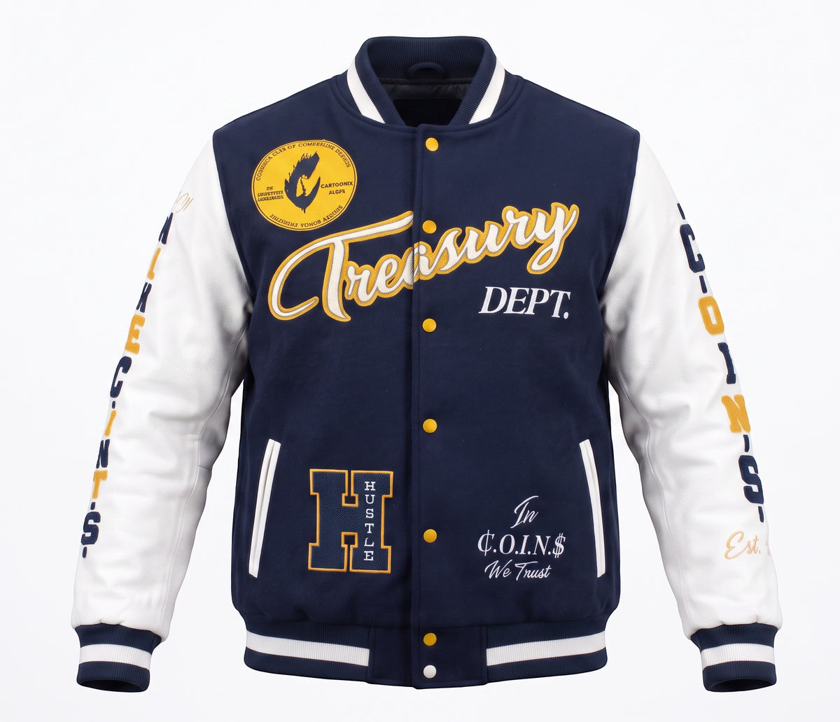 NUMMI VESTES navy wool and white leather varsity jacket with yellow embroidery and striped ribbed trim