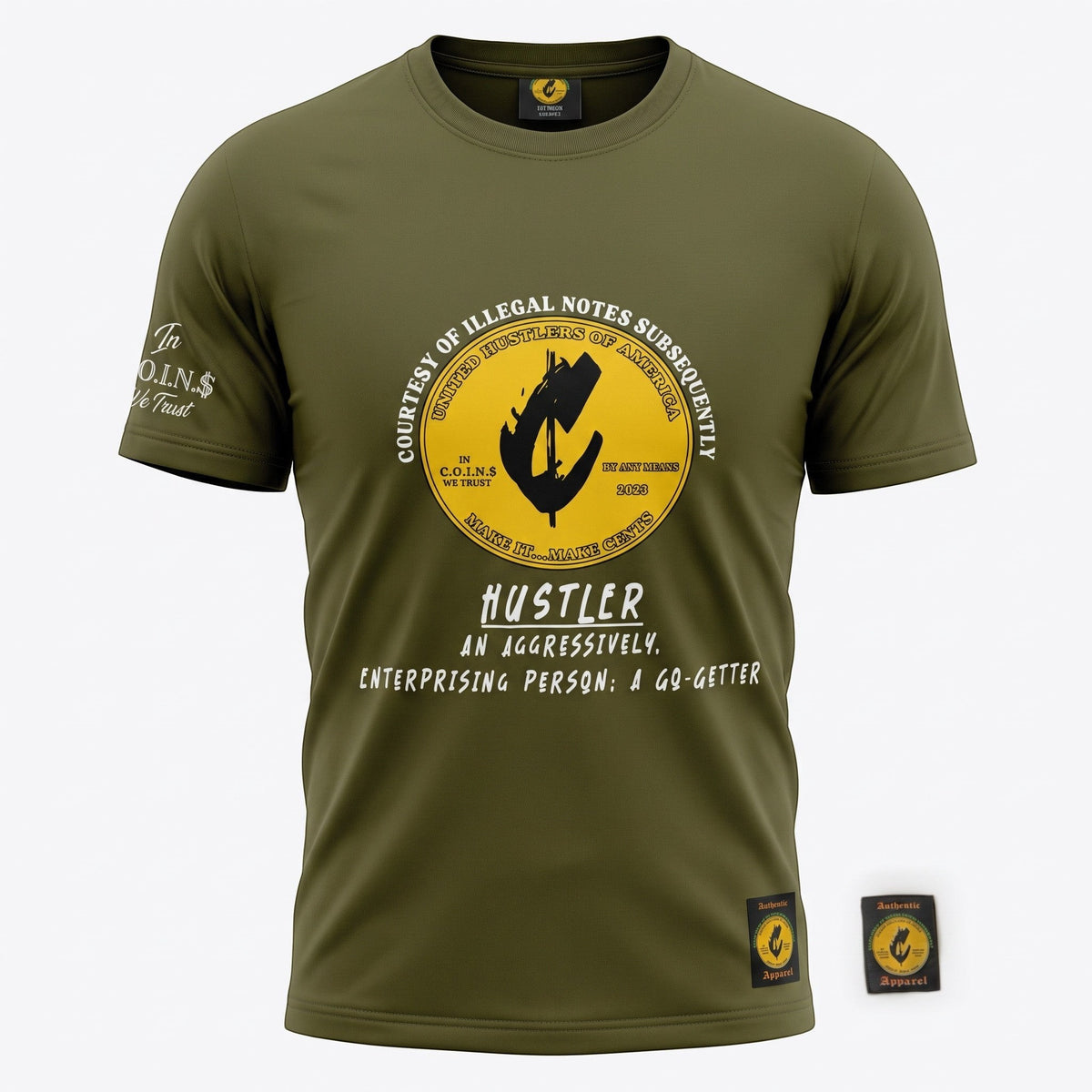 NUMMI VESTES olive green crew neck t-shirt with a bold yellow and black graphic print on the chest
