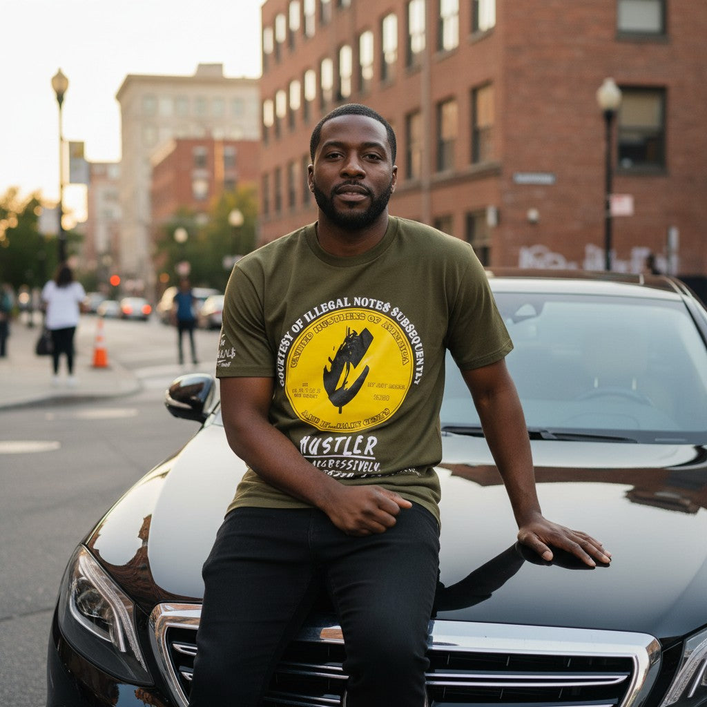NUMMI VESTES olive green graphic crew neck t-shirt worn by a man sitting on a black car in an urban street setting.