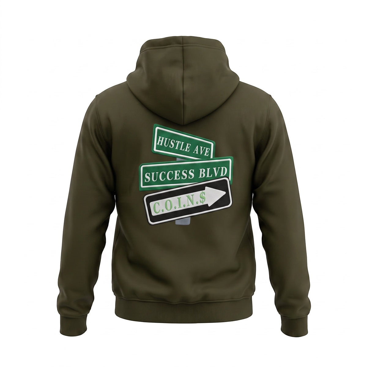 NUMMI VESTES olive green hooded sweatshirt featuring a back graphic of street signs reading Hustle Ave and Success Blvd