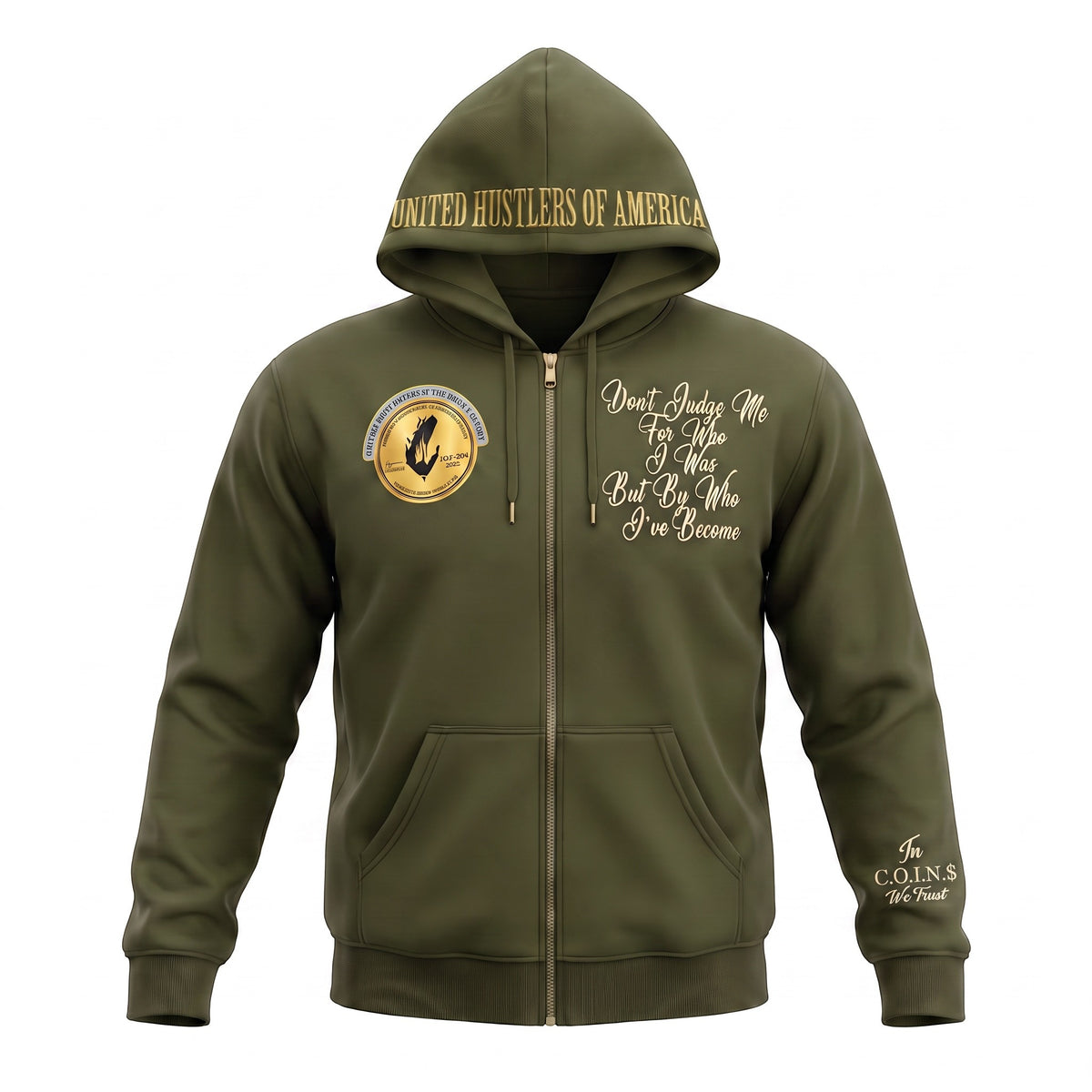 NUMMI VESTES olive green zippered hooded sweatshirt with gold United Hustlers of America text and graphic details.
