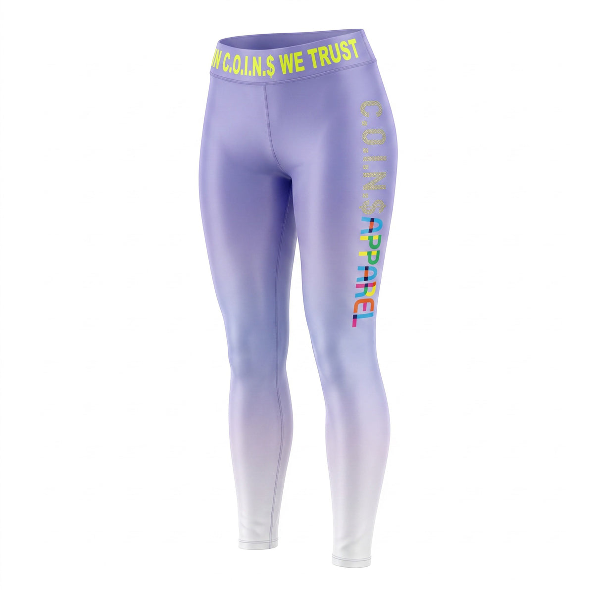 NUMMI VESTES high-waisted compression leggings in a purple to white ombre gradient with graphic leg and waist text