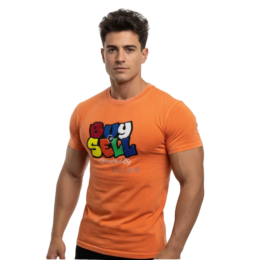 NUMMI VESTES orange crewneck t-shirt with a vibrant multi-colored BUY & SELL graphic print worn by a male model