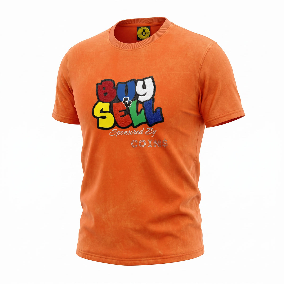NUMMI VESTES orange crewneck t-shirt featuring a vibrant multi-colored BUY & SELL graphic print on the chest