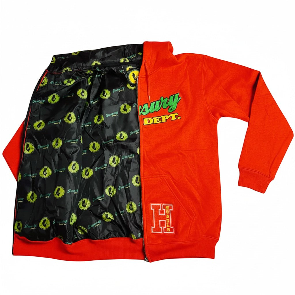 NUMMI VESTES orange zip-up hoodie with Treasury Dept embroidery and a black patterned inner lining