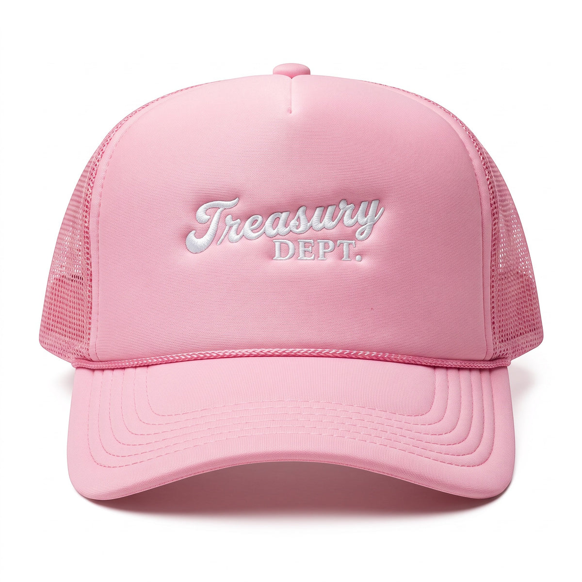 NUMMI VESTES light pink foam trucker snapback hat with white Treasury Dept embroidery and breathable mesh back