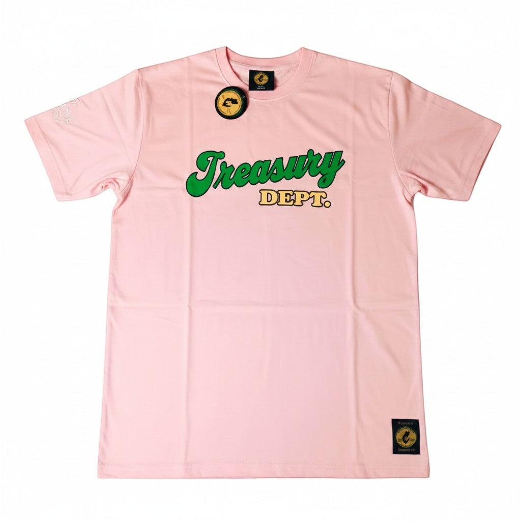 NUMMI VESTES light pink crewneck t-shirt with green and yellow Treasury Dept graphic print on the chest