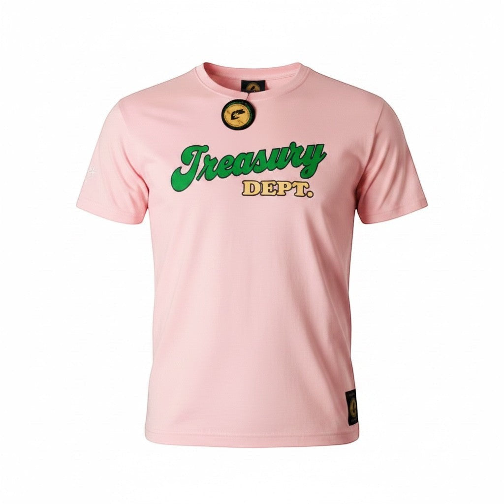 NUMMI VESTES light pink crewneck t-shirt with green and yellow Treasury Dept graphic print on the chest