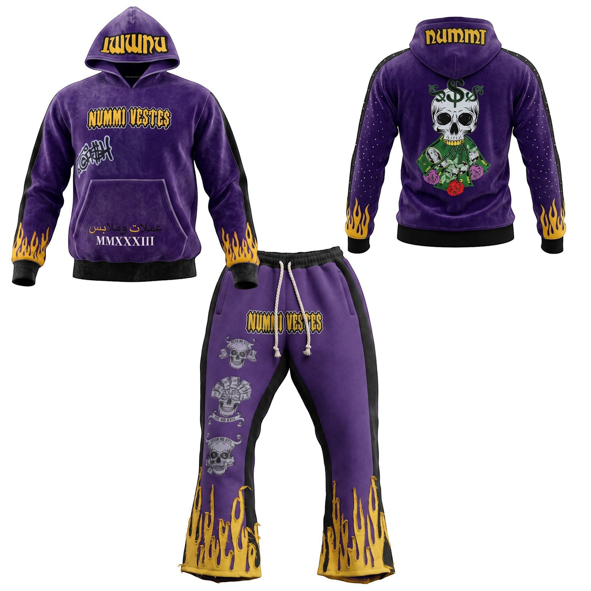 NUMMI VESTES purple heavy weight cotton sweatsuit featuring skull graphics, yellow flame details, and logo branding.