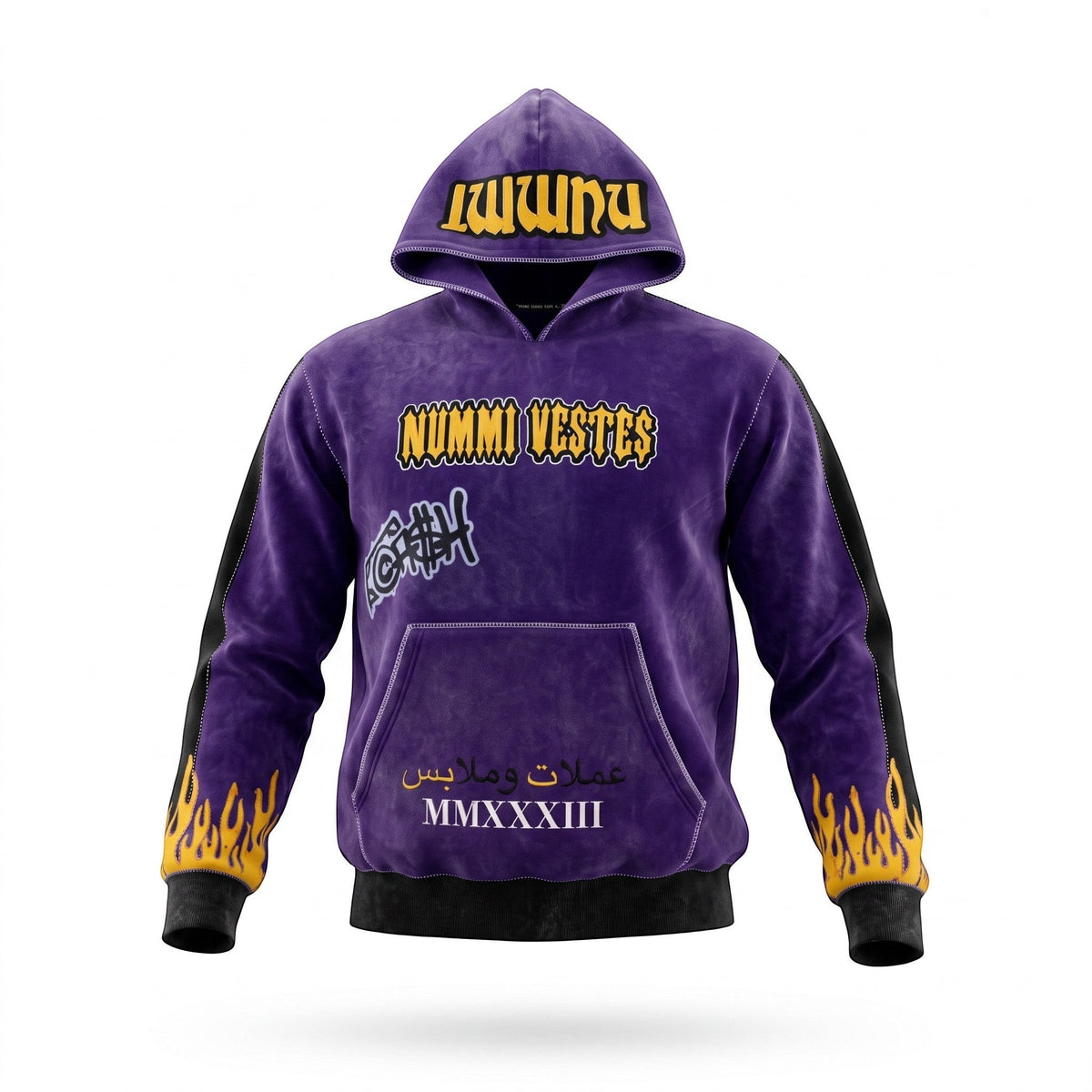 NUMMI VESTES purple heavy weight cotton pullover hoodie with yellow flame graphics and bold logo text