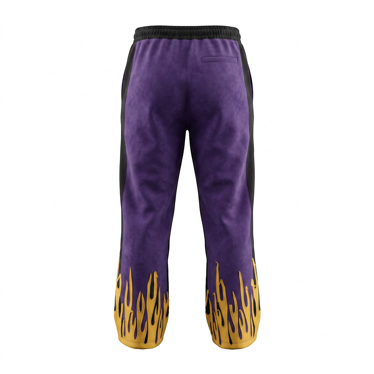 Back view of NUMMI VESTES purple heavy weight cotton joggers with yellow flame graphics at the cuffs and black trim.
