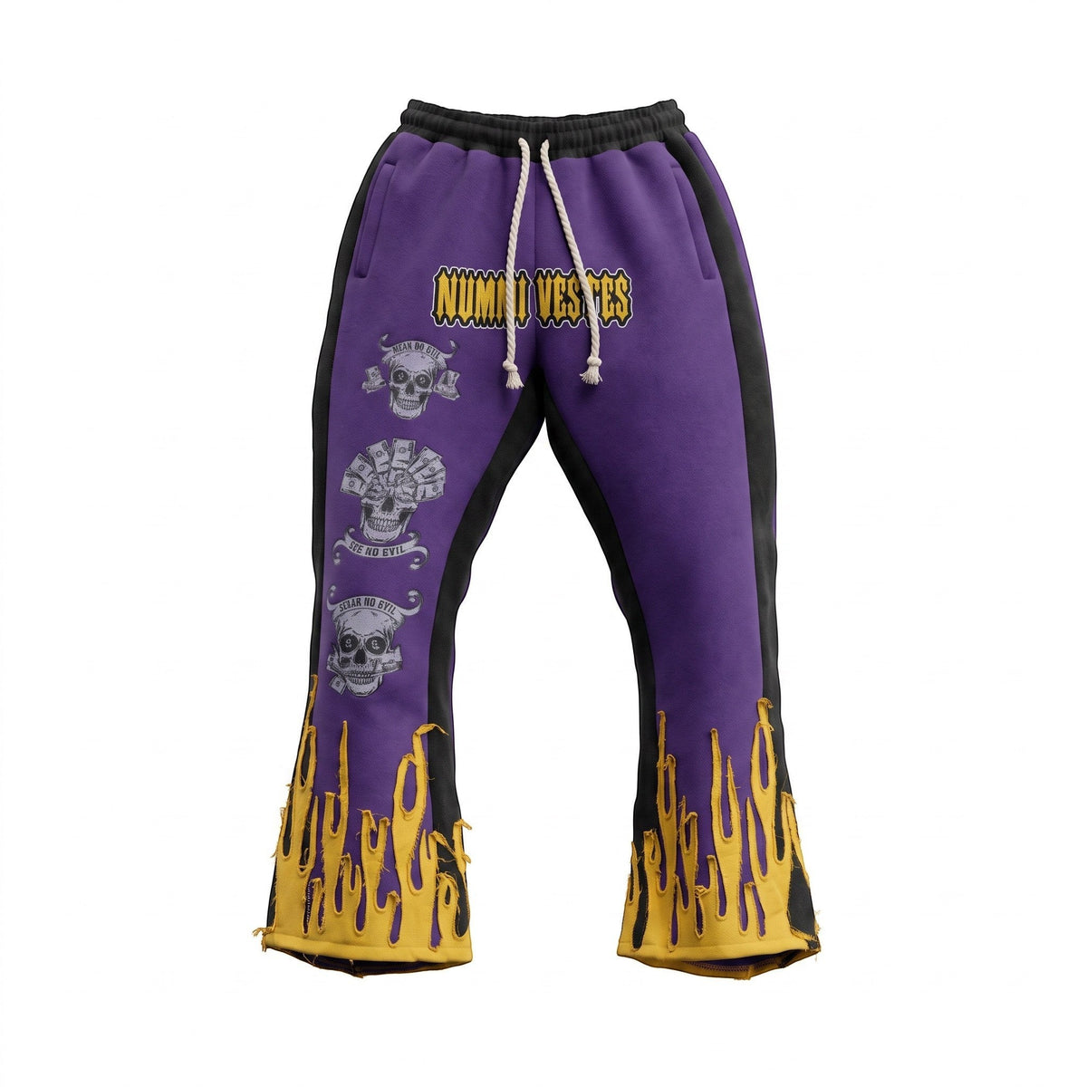 NUMMI VESTES purple heavy weight cotton joggers with yellow flame graphics, skull prints, and drawstring waistband.