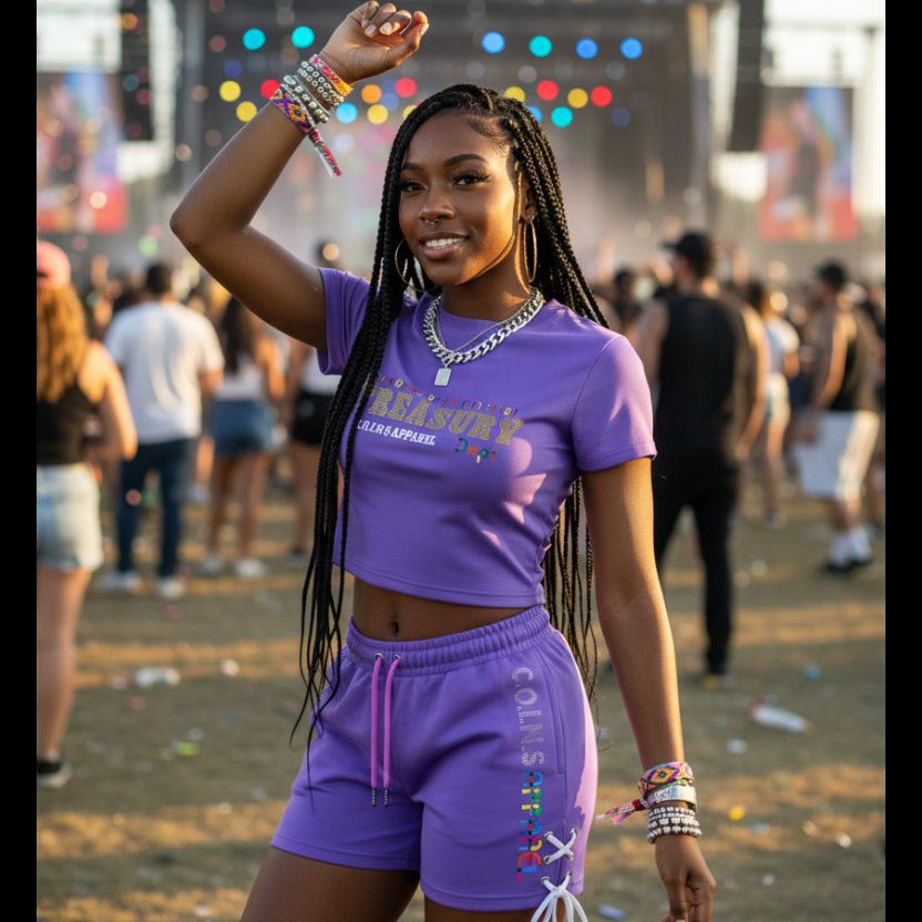 NUMMI VESTES purple graphic print crop top and drawstring shorts set with lace-up side detail and colorful lettering.