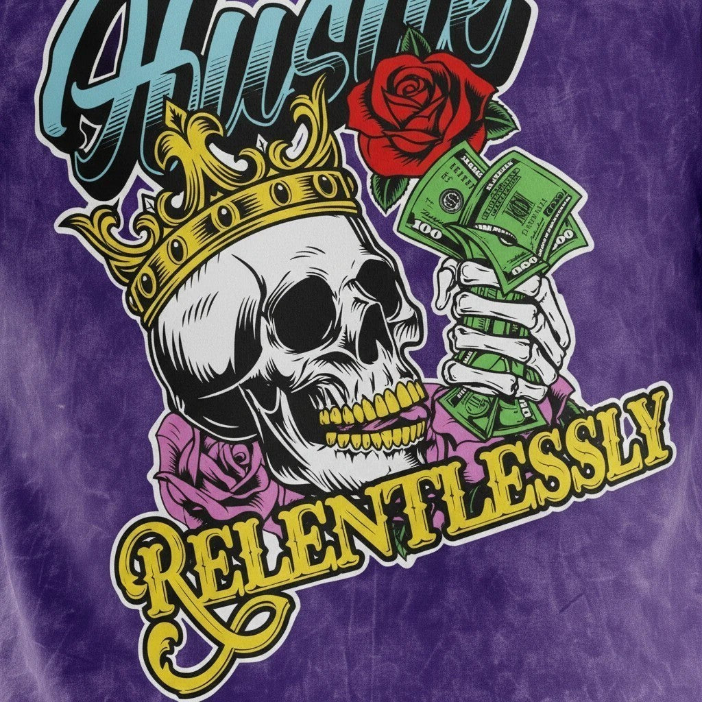 NUMMI VESTES purple acid-wash t-shirt featuring a skull wearing a crown, holding cash and a rose graphic print.