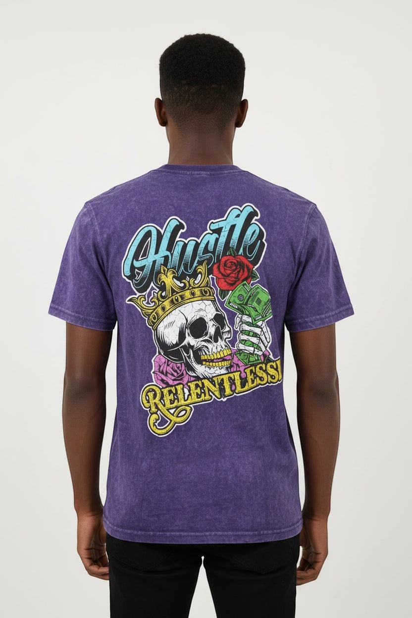 NUMMI VESTES acid-wash purple crew neck t-shirt featuring a back graphic of a skull, crown, rose, and money.