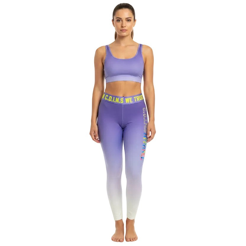 NUMMI VESTES women's purple ombre compression leggings and sports bra set with branded high-waisted band