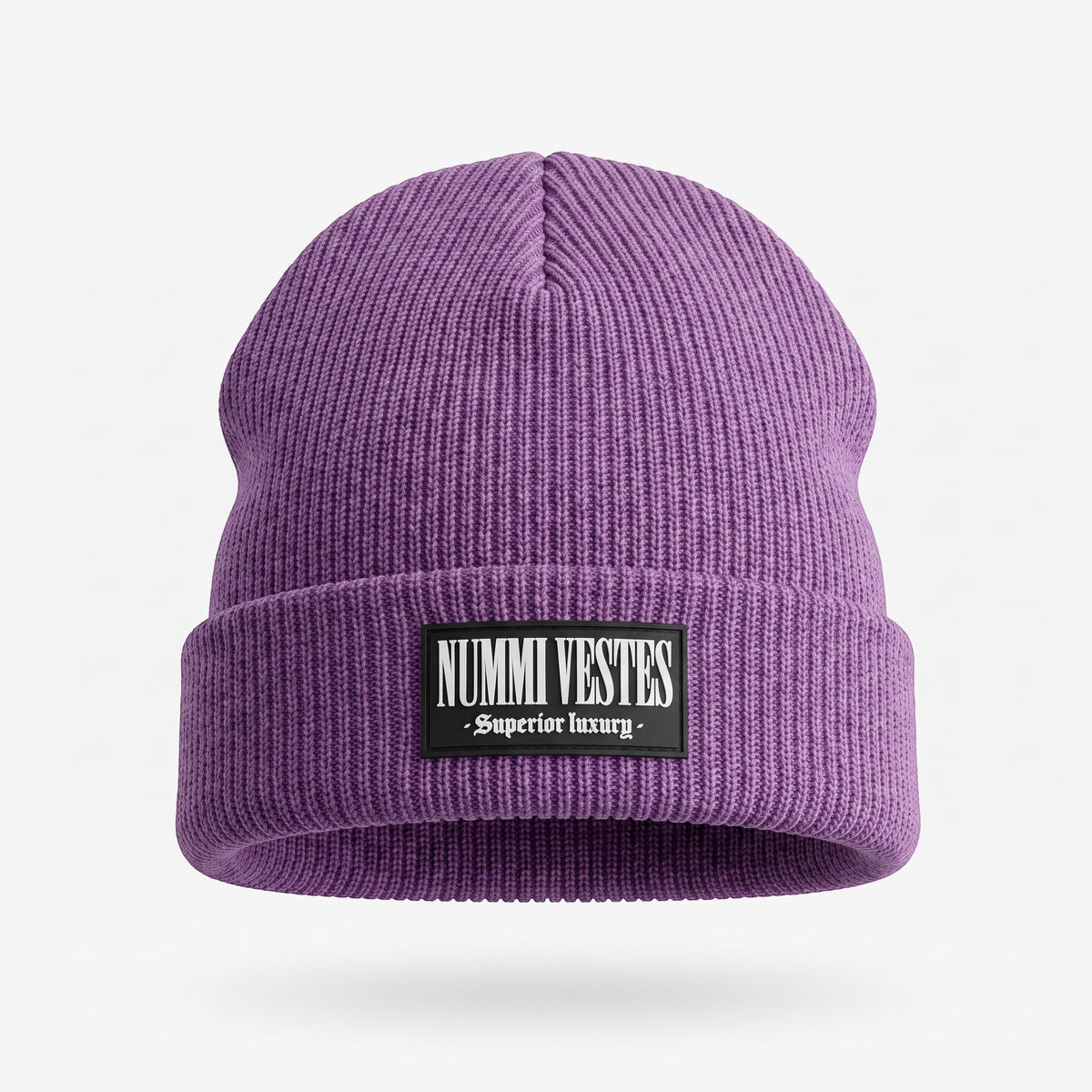NUMMI VESTES purple ribbed knit wool winter beanie with a black branded patch on the folded cuff.