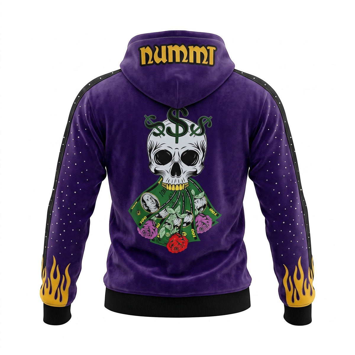 Back view of a NUMMI VESTES purple heavy weight cotton hoodie featuring a skull, money, and flame graphic design.