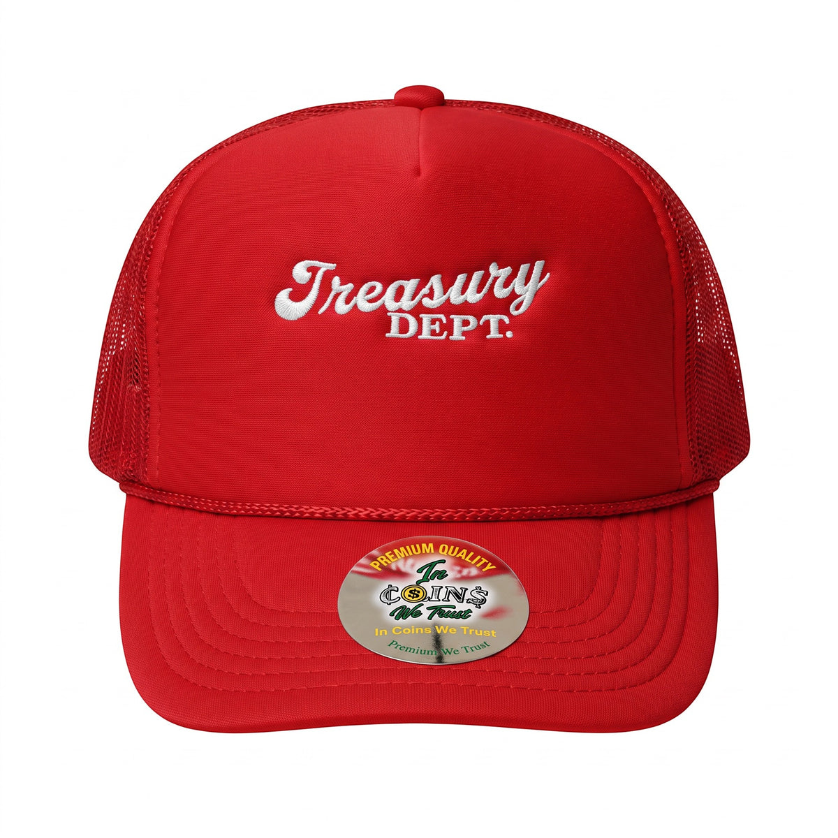 NUMMI VESTES red foam trucker snapback hat with white Treasury Dept embroidery and mesh back panel