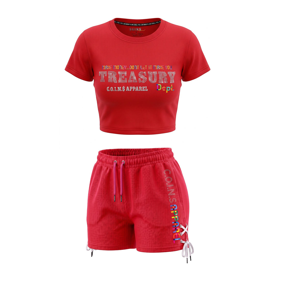 NUMMI VESTES red short sleeve crop top and shorts set with colorful graphic print and lace-up side detail on shorts