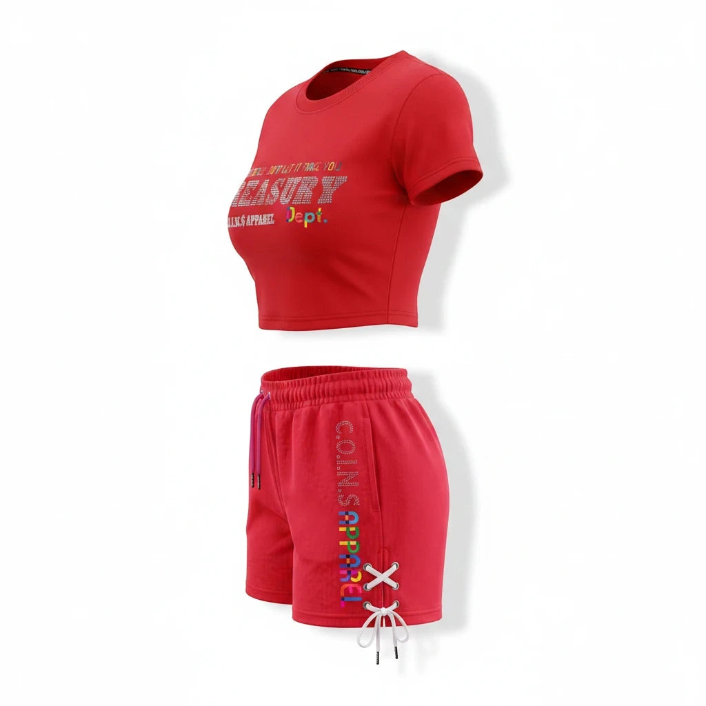 NUMMI VESTES red short sleeve crop top and matching shorts set with graphic print and lace-up side detail