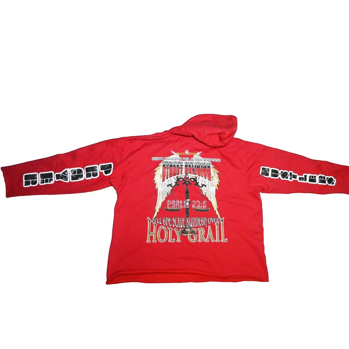 NUMMI VESTES red pullover hoodie featuring back graphic print with religious motifs, wings, and sleeve typography.