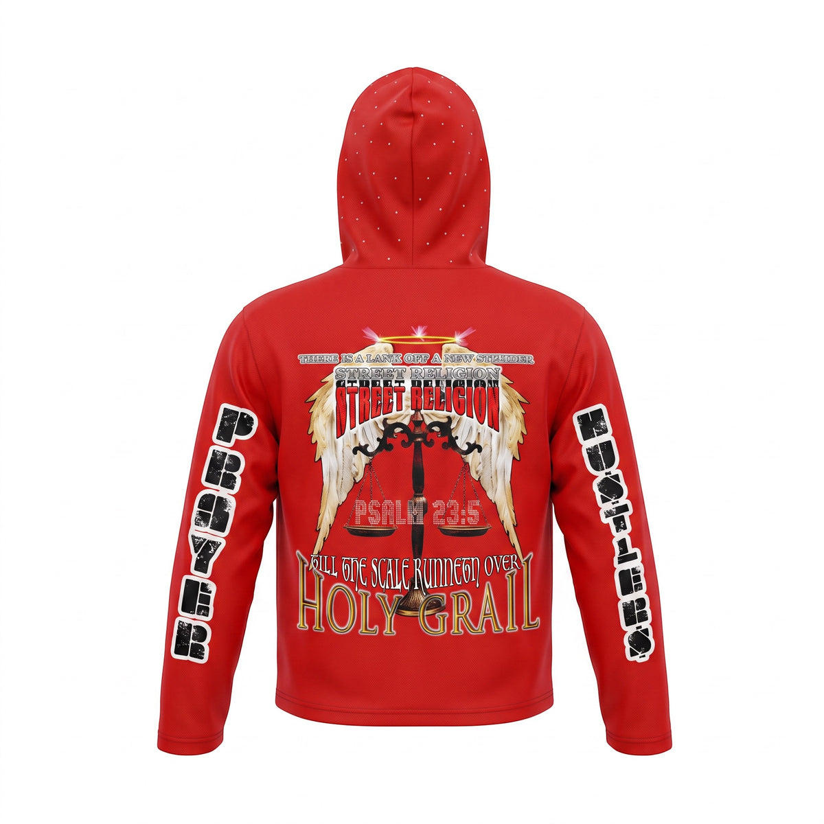 NUMMI VESTES red pullover hoodie with back graphic print featuring wings, scales, and religious typography on sleeves