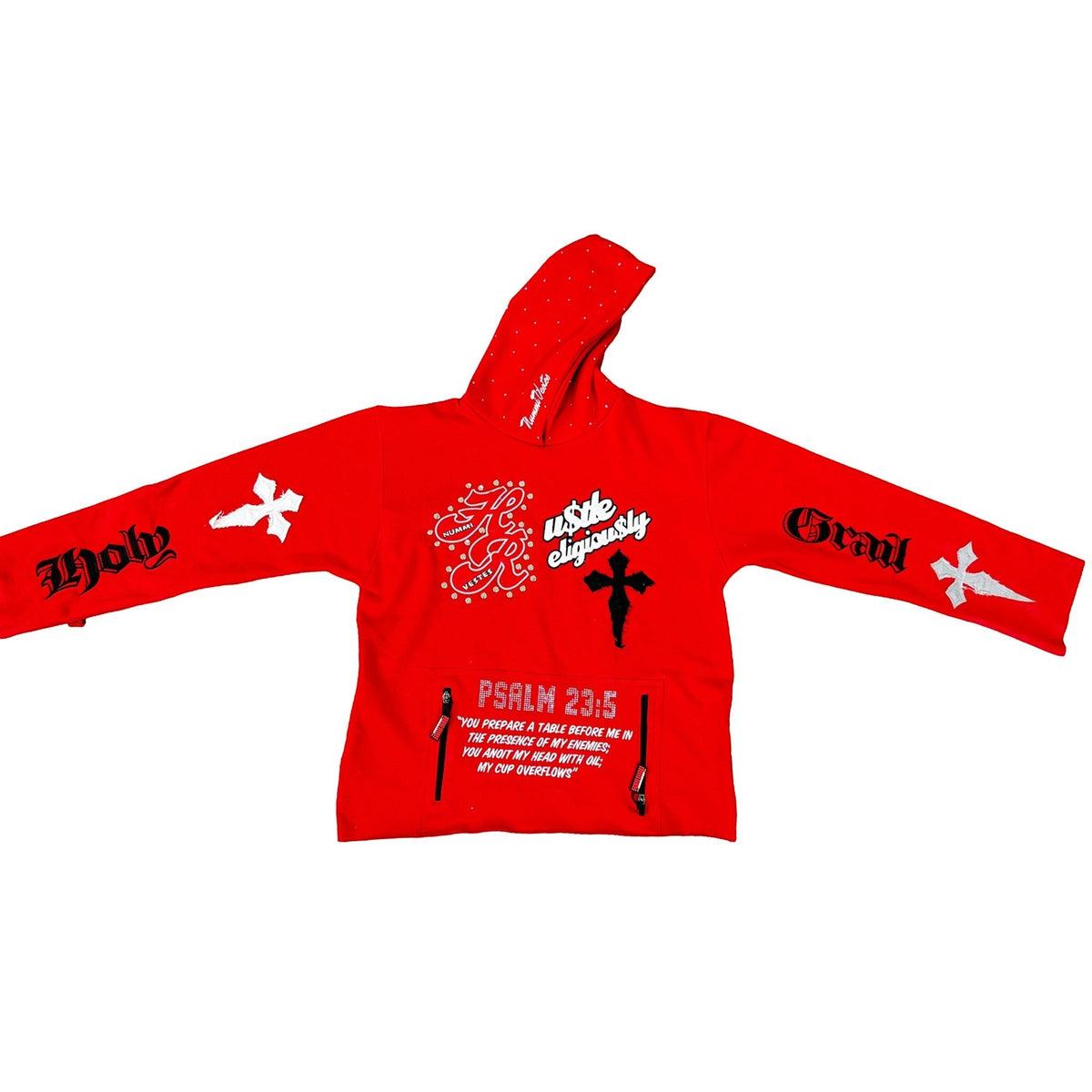 NUMMI VESTES red pullover hoodie with black graphic prints, cross motifs, and Psalm 23:5 text on the front pocket.