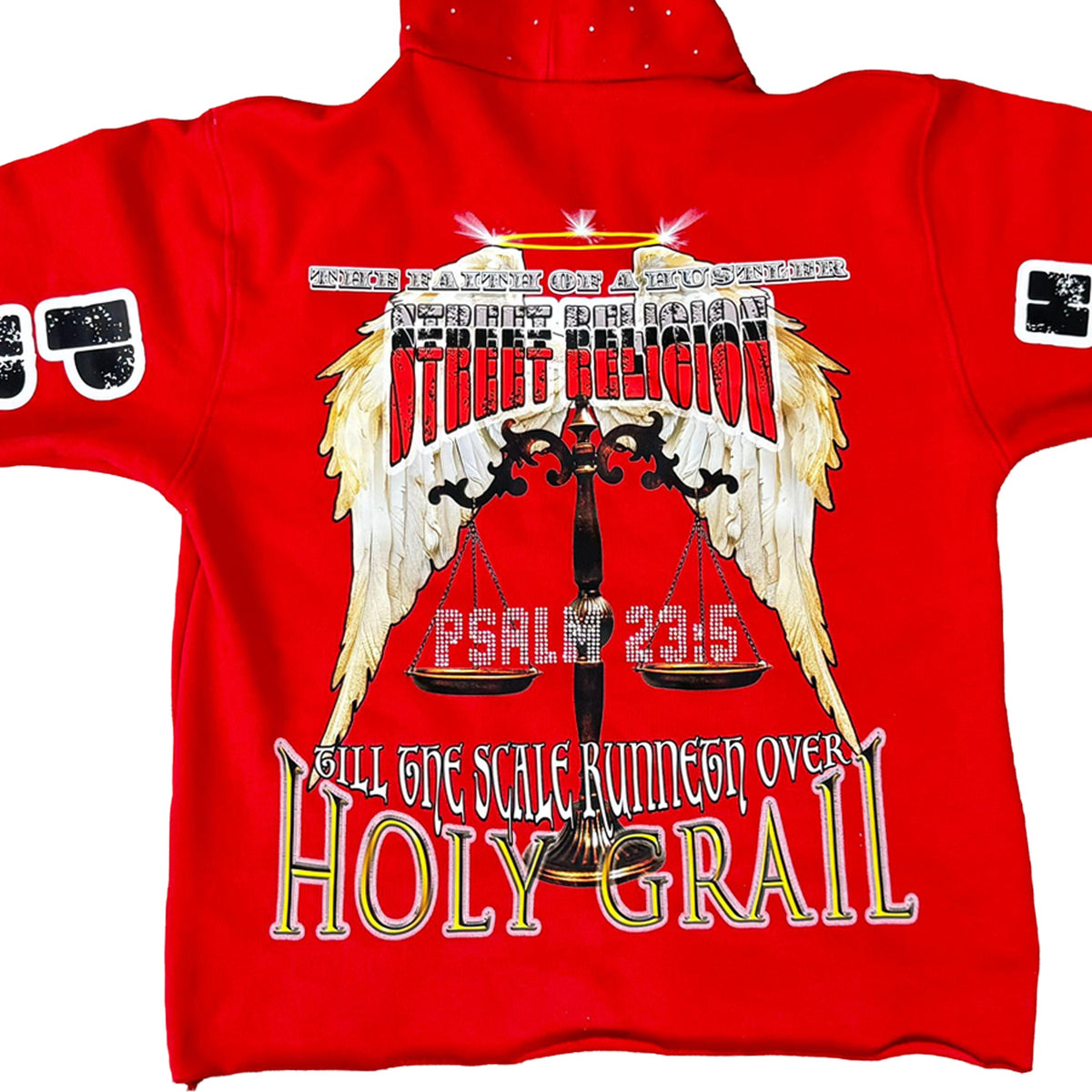 Back view of a vibrant red NUMMI VESTES pullover hoodie featuring a large graphic print of wings and scales.