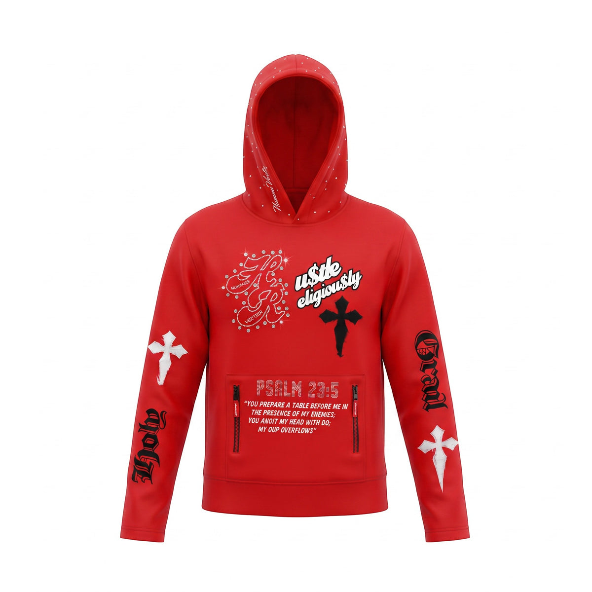 NUMMI VESTES red pullover hoodie featuring religious-inspired graphic prints, cross motifs, and typography details.