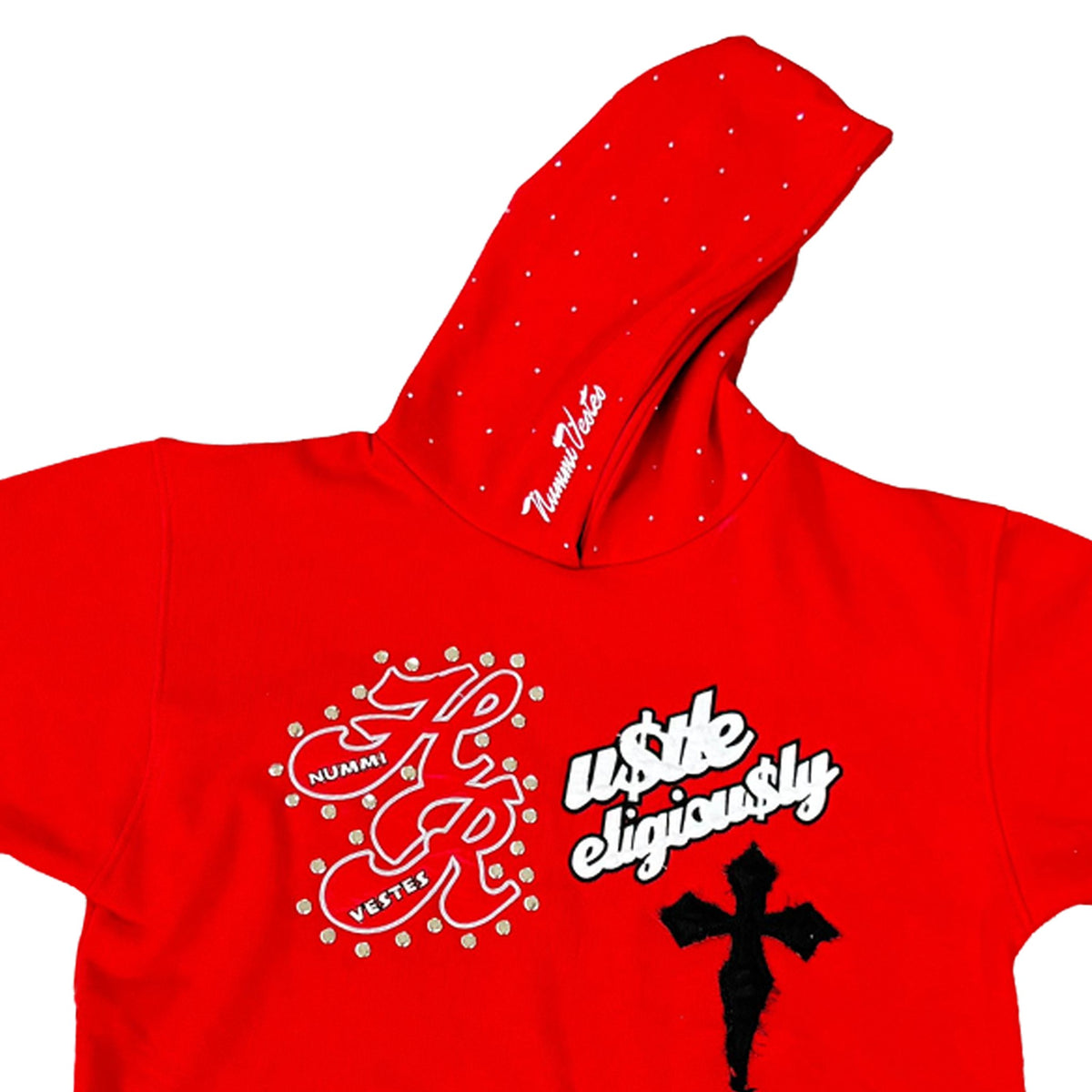 NUMMI VESTES red pullover hoodie featuring rhinestone graphic prints, a cross motif, and branded hood detail.