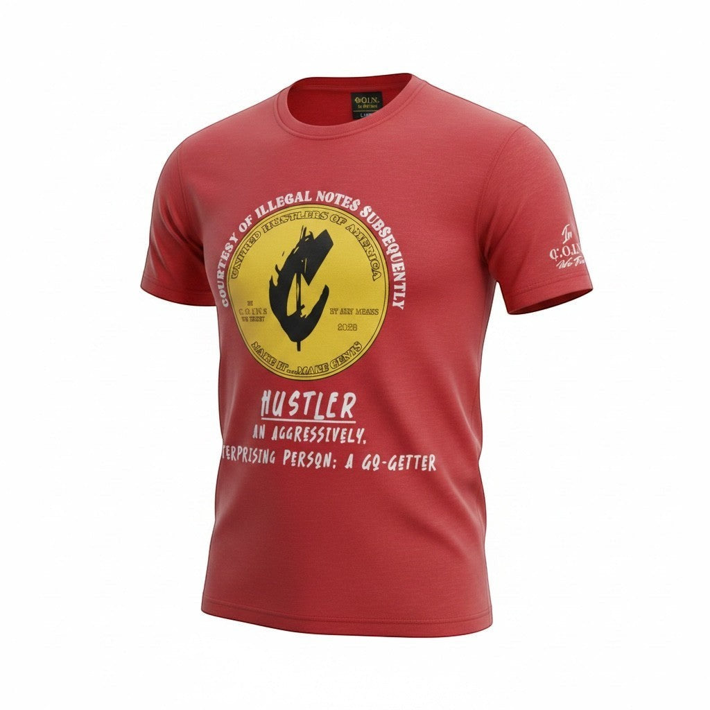 NUMMI VESTES red short sleeve crew neck t-shirt featuring a yellow and black graphic print on the chest