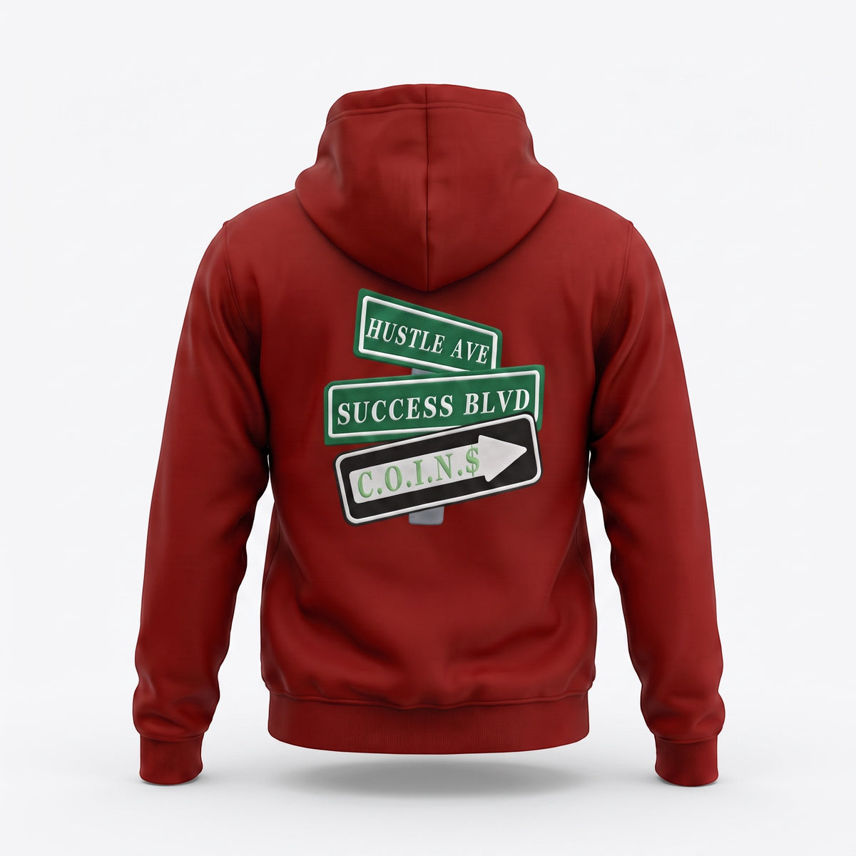 NUMMI VESTES red zippered hooded sweatshirt with street sign graphic print on the back