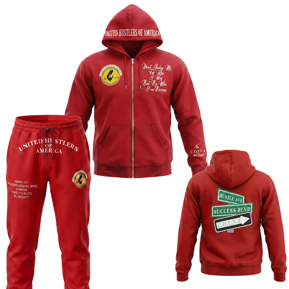 NUMMI VESTES red zippered hooded sweatsuit featuring United Hustlers of America text and street sign graphics.