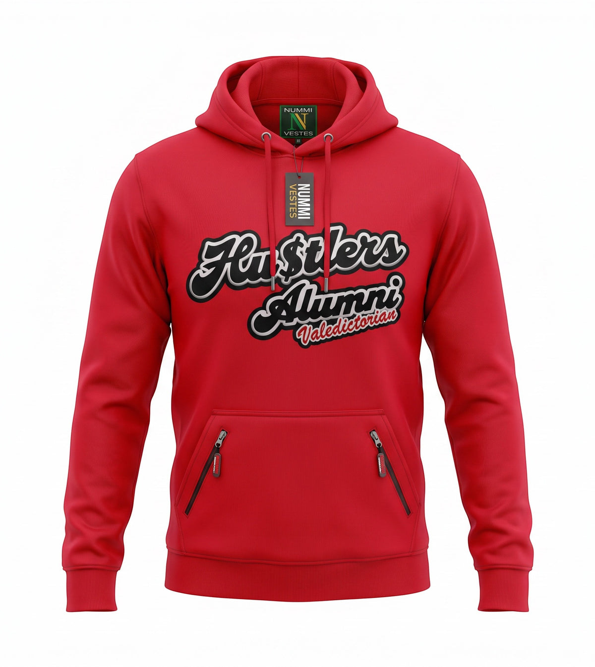 NUMMI VESTES red premium cotton hooded sweatshirt with Hustlers Alumni Valedictorian graphic and zippered pockets