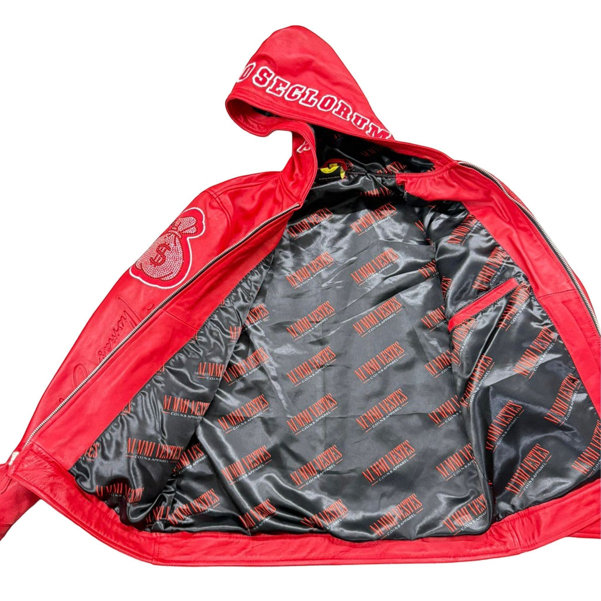 NUMMI VESTES red lambskin leather zippered hoodie with rhinestone money bag accent and branded inner lining