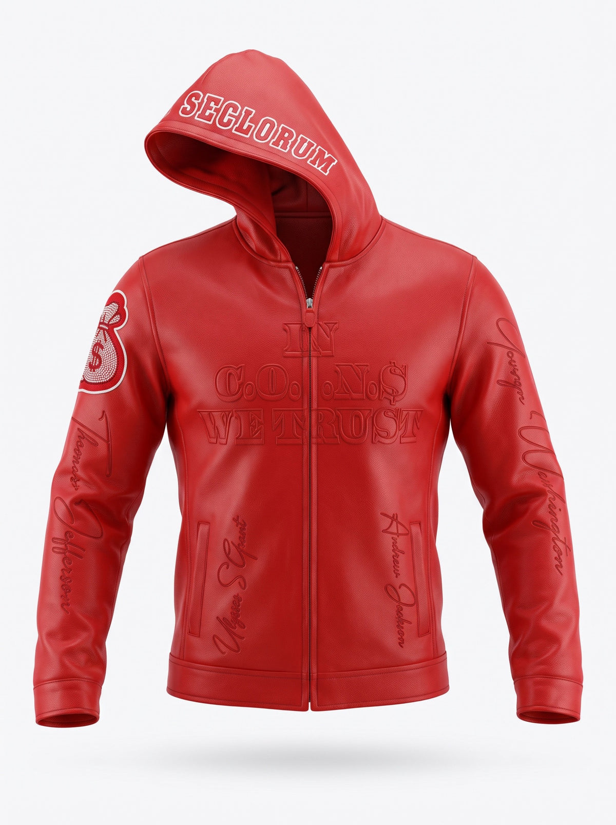 NUMMI VESTES red lambskin leather zippered hoodie with embossed text, rhinestone money bag accent, and hood detail.