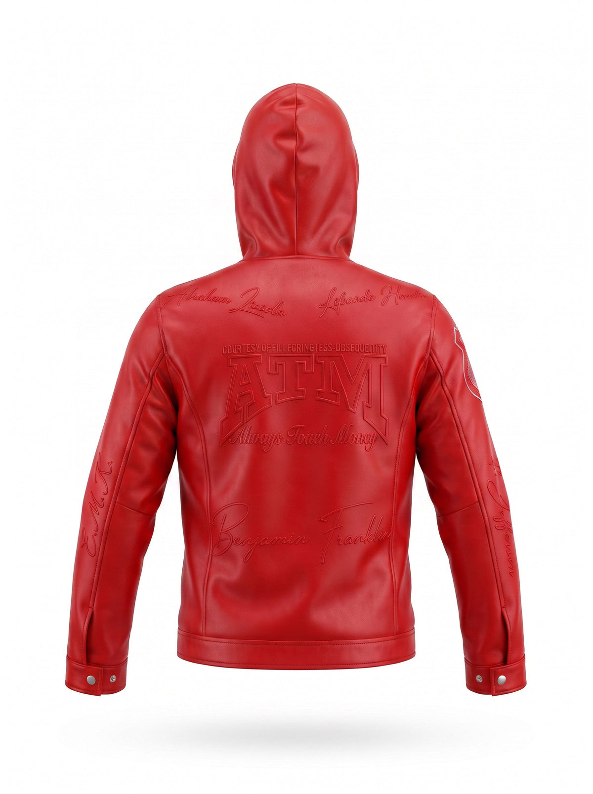 NUMMI VESTES red lambskin leather hooded jacket with embossed ATM text and signature detailing, back view
